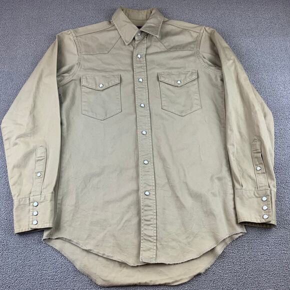 Wrangler Western Snap Shirt Mens 15 34 Khaki Beige Pearl Long Sleeve Regular Fit - Picture 1 of 9